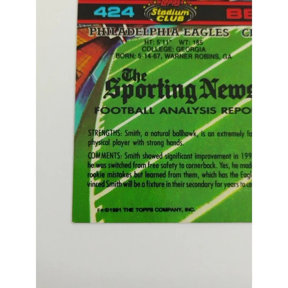 1991 Topps Stadium Club Football Card Ben Smith Philadelphia Eagles #424 - Picture 4 of 7